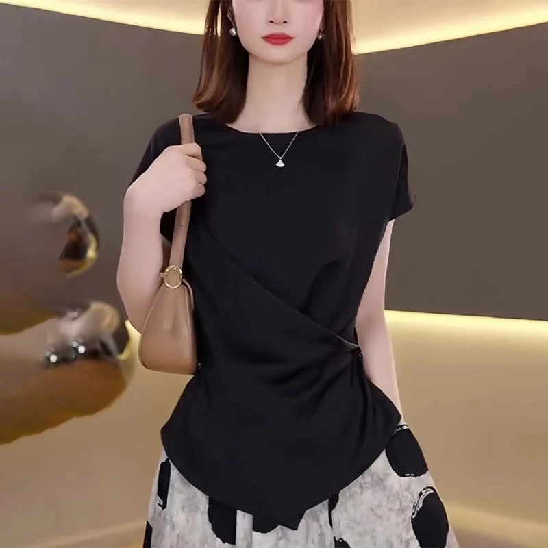 法式黑色短袖2025年夏季新款女装设计感收腰气质通勤百搭上衣