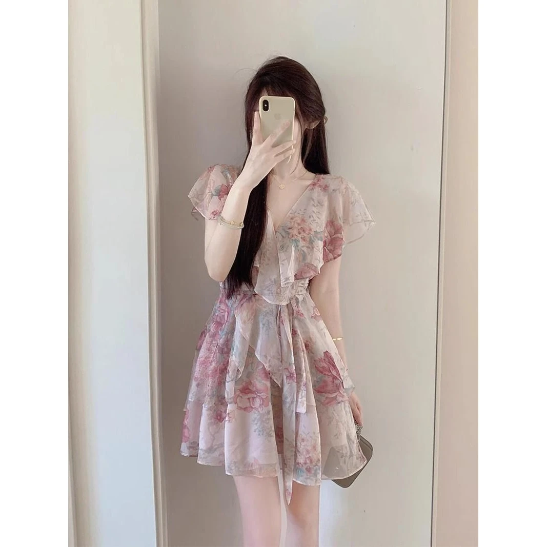 夏季短裙度假雪纺连衣裙法式小众气质mm绑带碎花荷叶边印花连衣裙