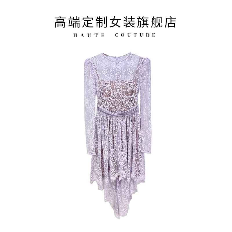 【SHIBO】0159赵丽颖同款25名媛宴会礼服紫色蕾丝刺绣不规则连衣裙