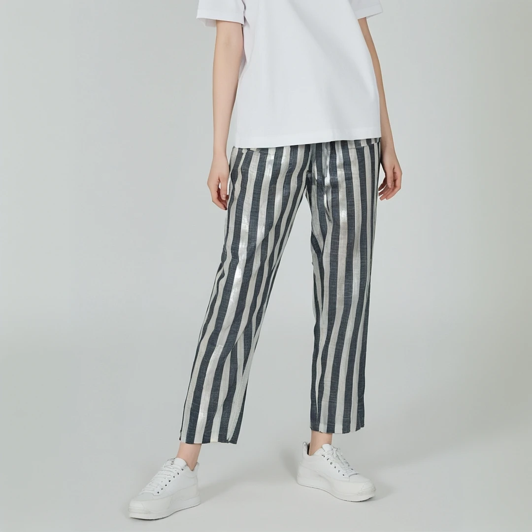 R.SOFIA时尚条纹棉麻夏凉休闲直筒裤（断码款NO退货）