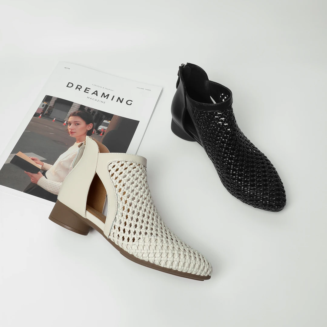 真皮防滑凉靴3公分牛皮平跟镂空舒适夏季女圆头洞洞鞋粗跟时尚