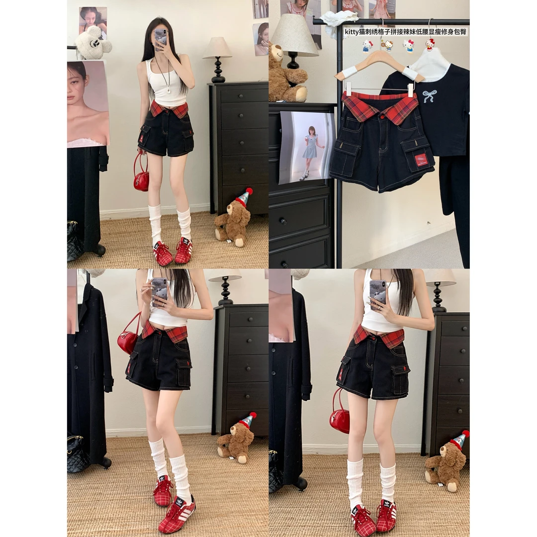 美式复古口袋刺绣格子拼接翻边牛仔短裤女夏季修身显瘦包臀热裤子