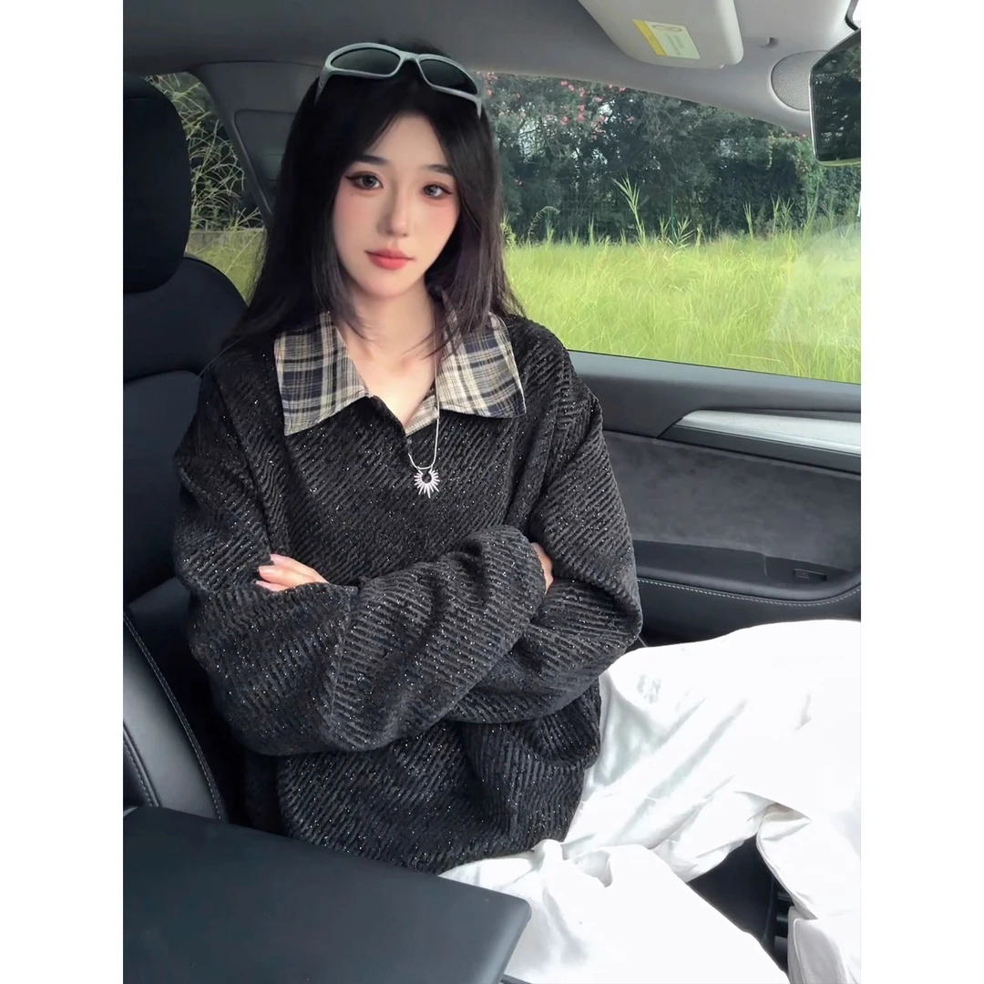 假两件满天星针织卫衣男款秋冬加绒POLO领打底衫美式拼接运动外套