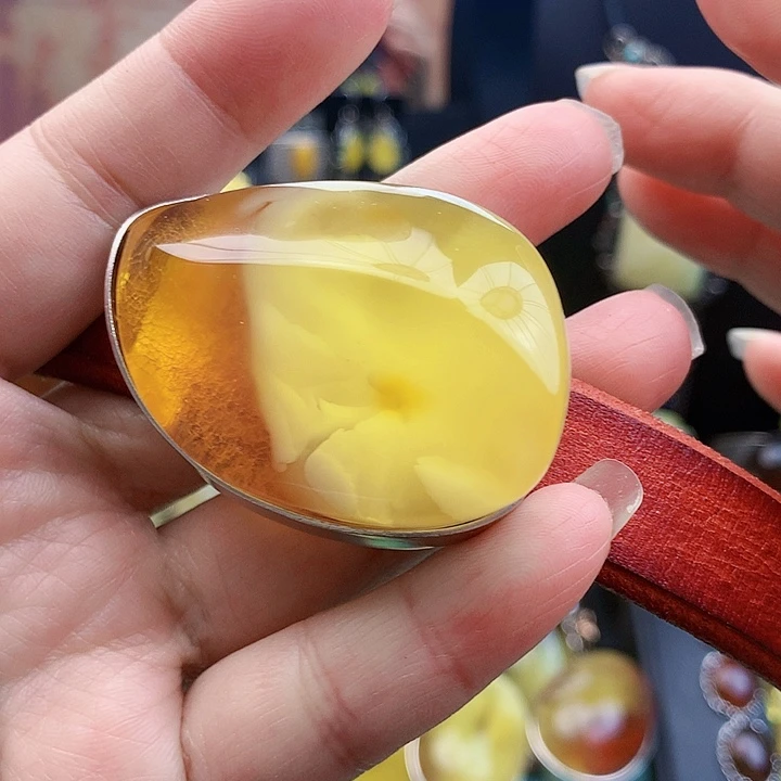 琥珀裸石银S925镶嵌余***?手镯