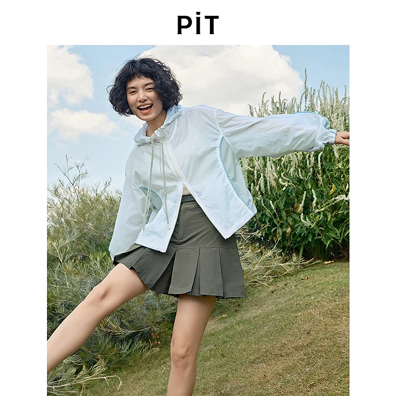 pit拼色连帽抽绳拉链薄款长袖短外套女2025春休闲运动透气上衣