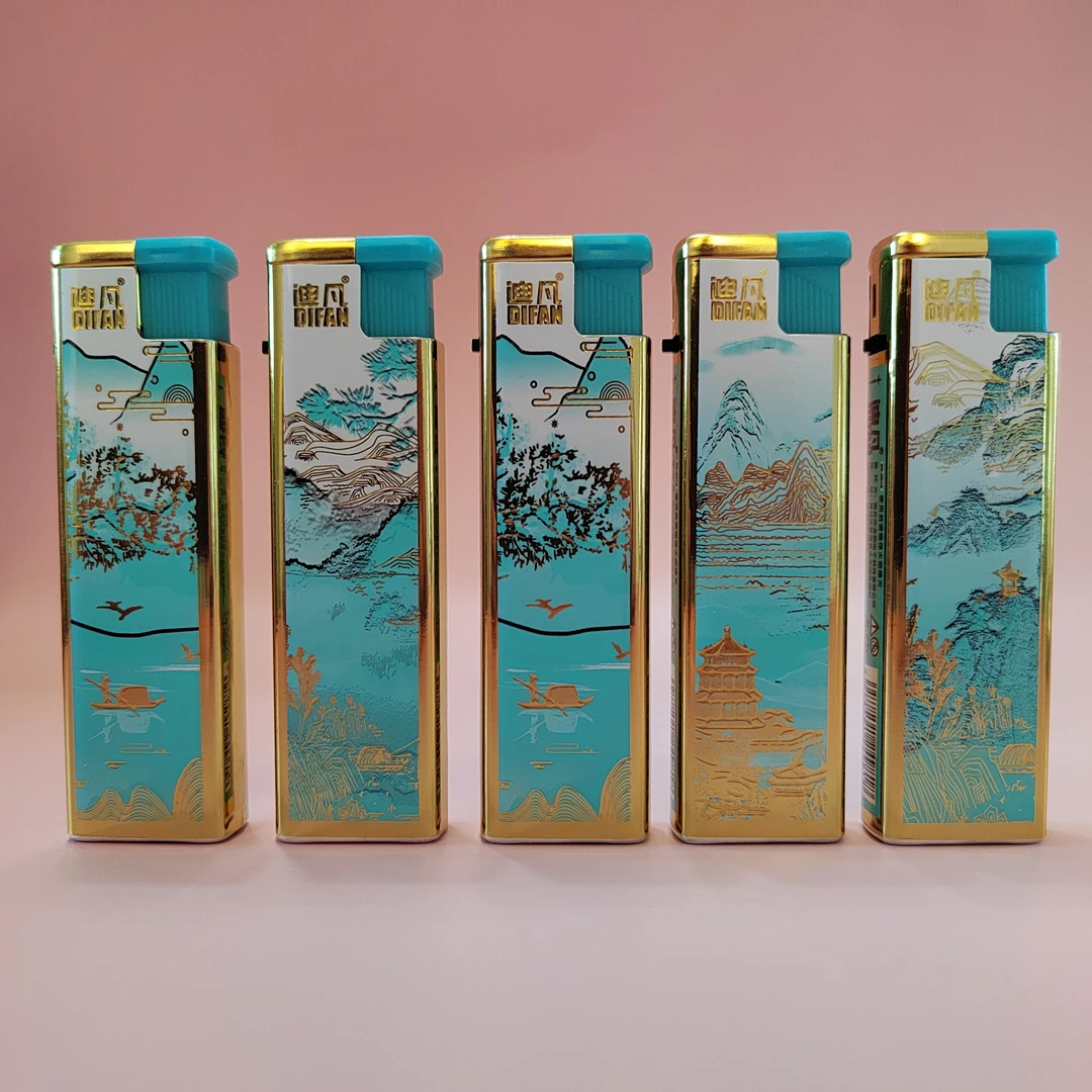 新款金属防风打火机蓝焰直冲清新山水高颜值创意打火机男生热卖