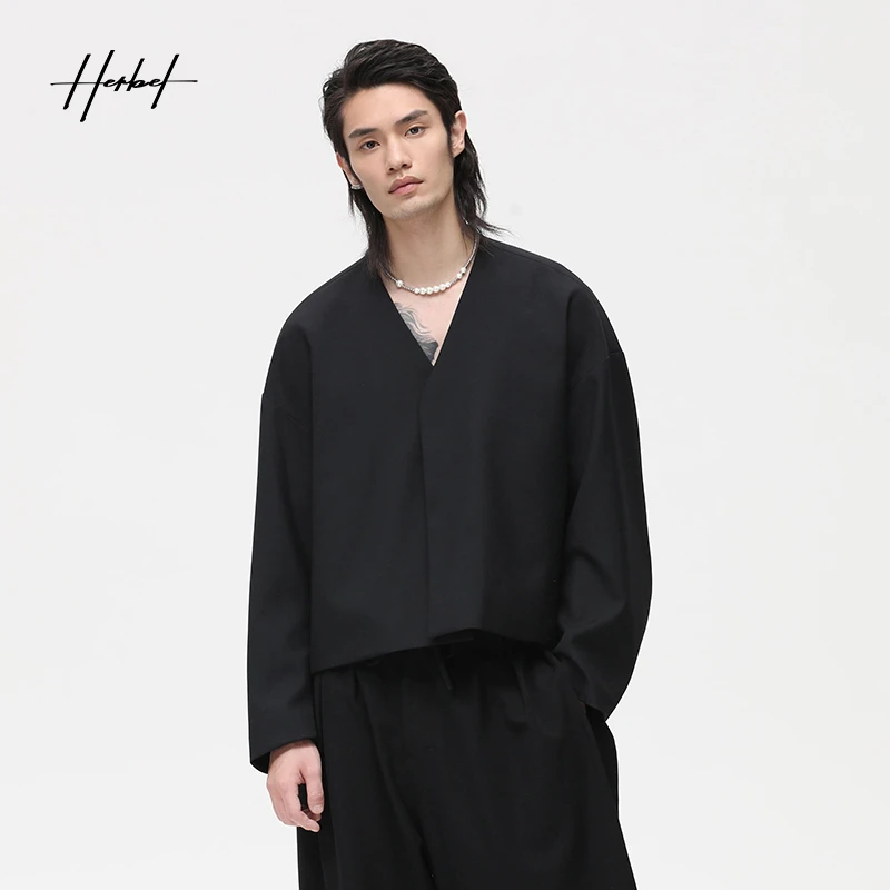 HERBEL/黑白男装春秋新款潮流 绵羊毛夹克外套宽松男时尚