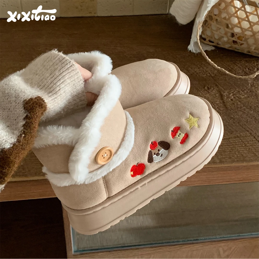 细细条 可爱刺绣苹果小狗加绒雪地靴冬季厚底防滑加厚保暖棉靴女