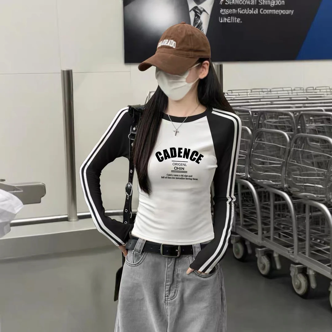 短款上衣美式高街百搭长袖t恤女装2025新款春秋季小众设计感修身