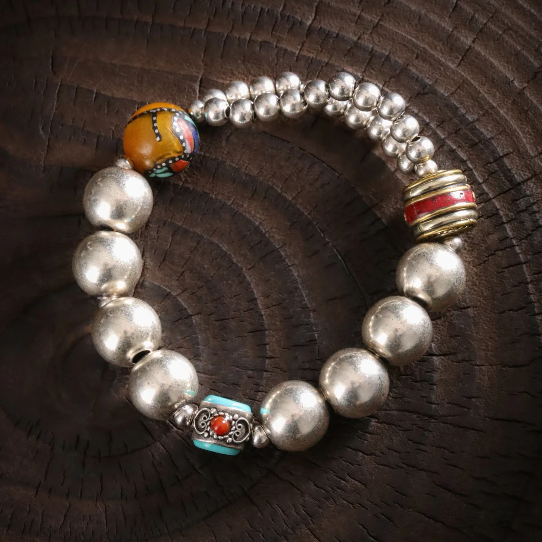 925银手链 S12072 尼泊尔手工桶珠黄色珠银珠豆豆手链手串