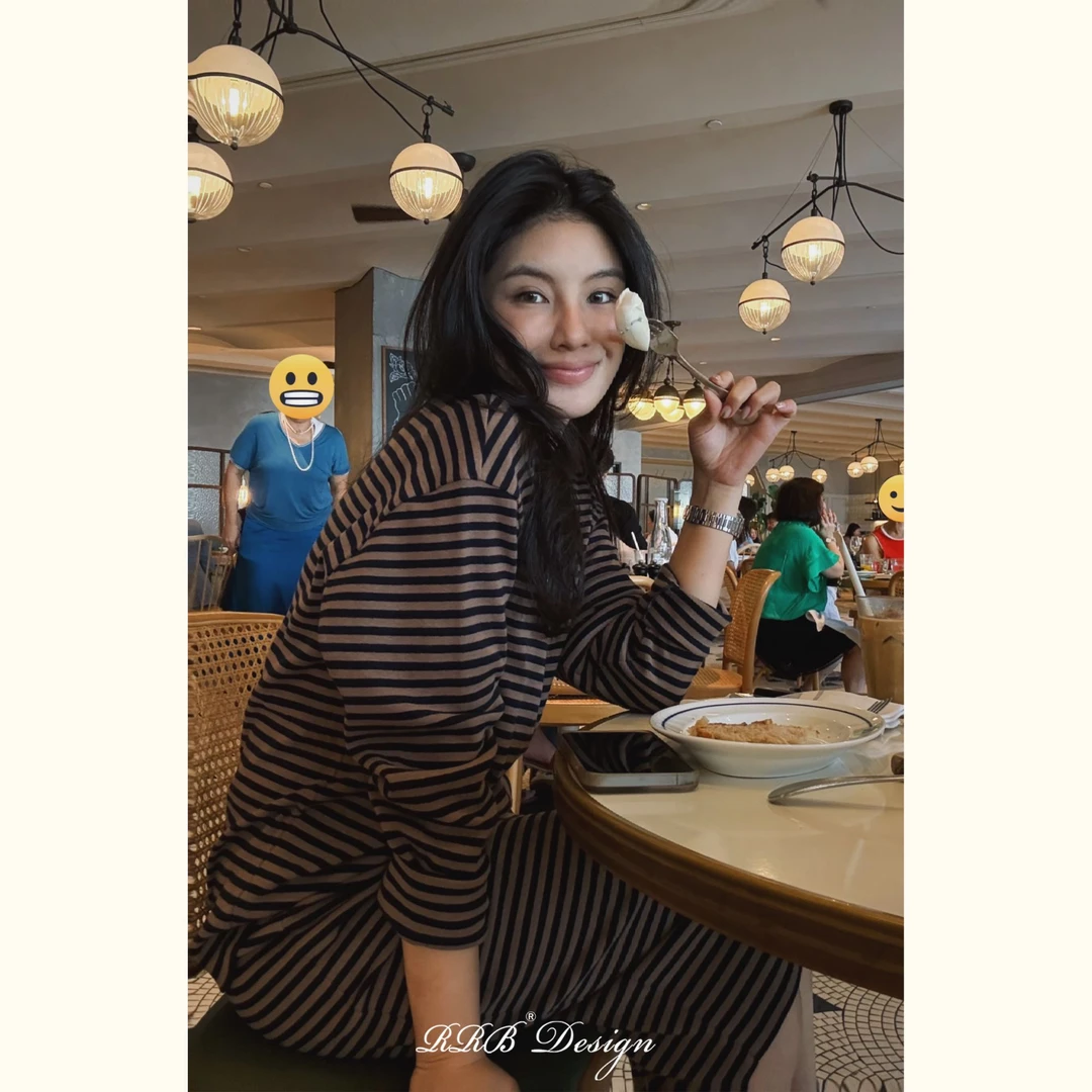 RRB Design “少年感”定制条纹百搭长袖上衣+松紧腰半身裙两件套