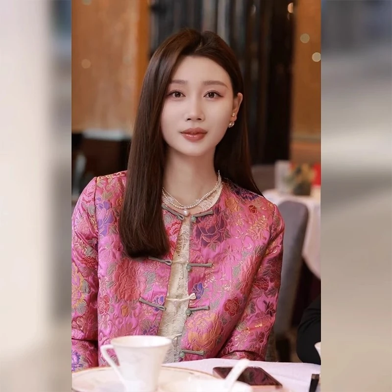 印花上衣新中式女装粉色宋锦外套2025春秋小个子短款唐装国风高端
