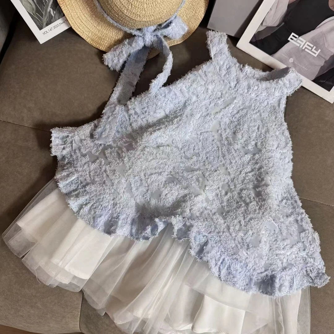 韩国童装儿童网纱公主裙2025春季女童连衣裙法式设计感提花背心裙