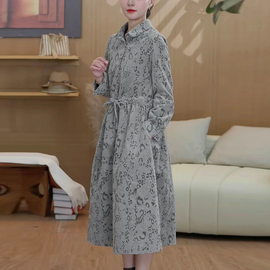 2025新款印花港风长袖A字裙系带连衣裙中长款秋冬设计师气质2517