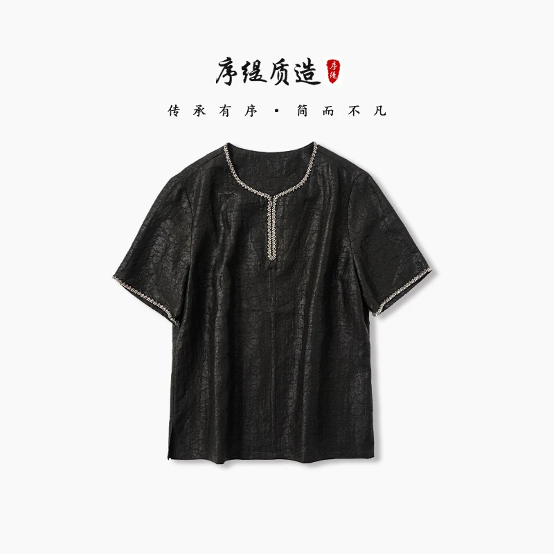 序缇夏季新款复古国风新中式桑蚕丝短袖t恤女宽松上衣H17-10785