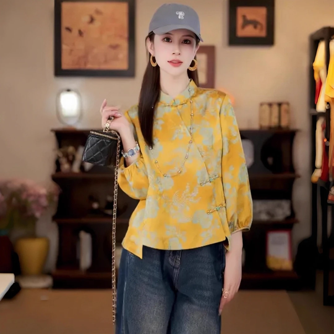 拉夏贝尔新中式国风时尚衬衫女早秋新款气质减龄别致显瘦百搭小衫