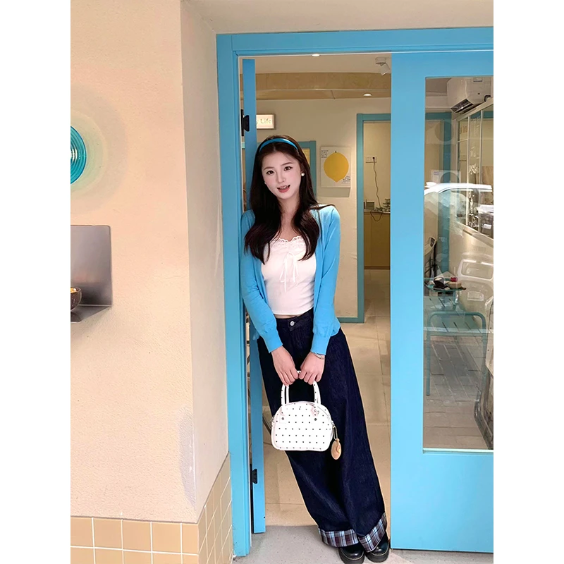 韩版甜美风蕾丝花边吊带背心女+超好看的百搭长袖针织开衫两件套