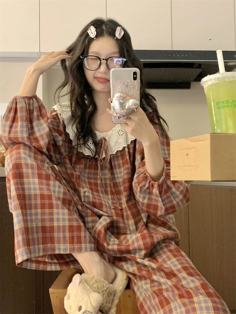 睡衣女春秋季新款日系ins网红格子少女风休闲宽松长袖家居服套装