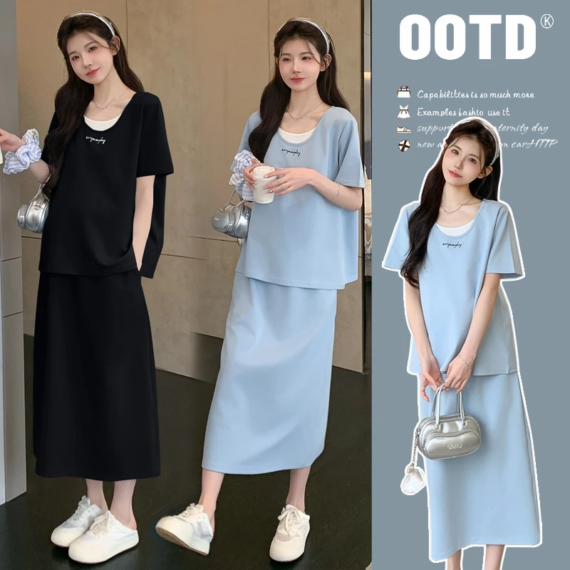 孕妇套装夏季2025新款短袖假两件设计感上衣短袖纯色半身裙两件套