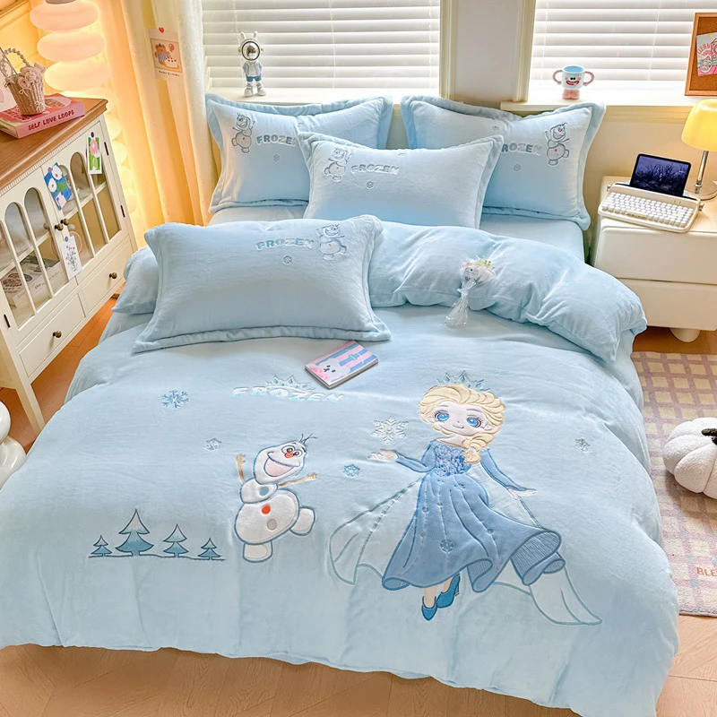 【艾莎公主】牛奶绒四件套三件套绣花卡通可爱风！