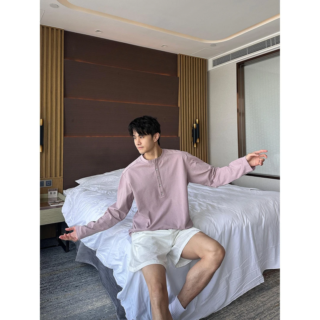 【紫薯香草】Bloom Studio新款亨利领肌理感长袖T恤男宽松上衣