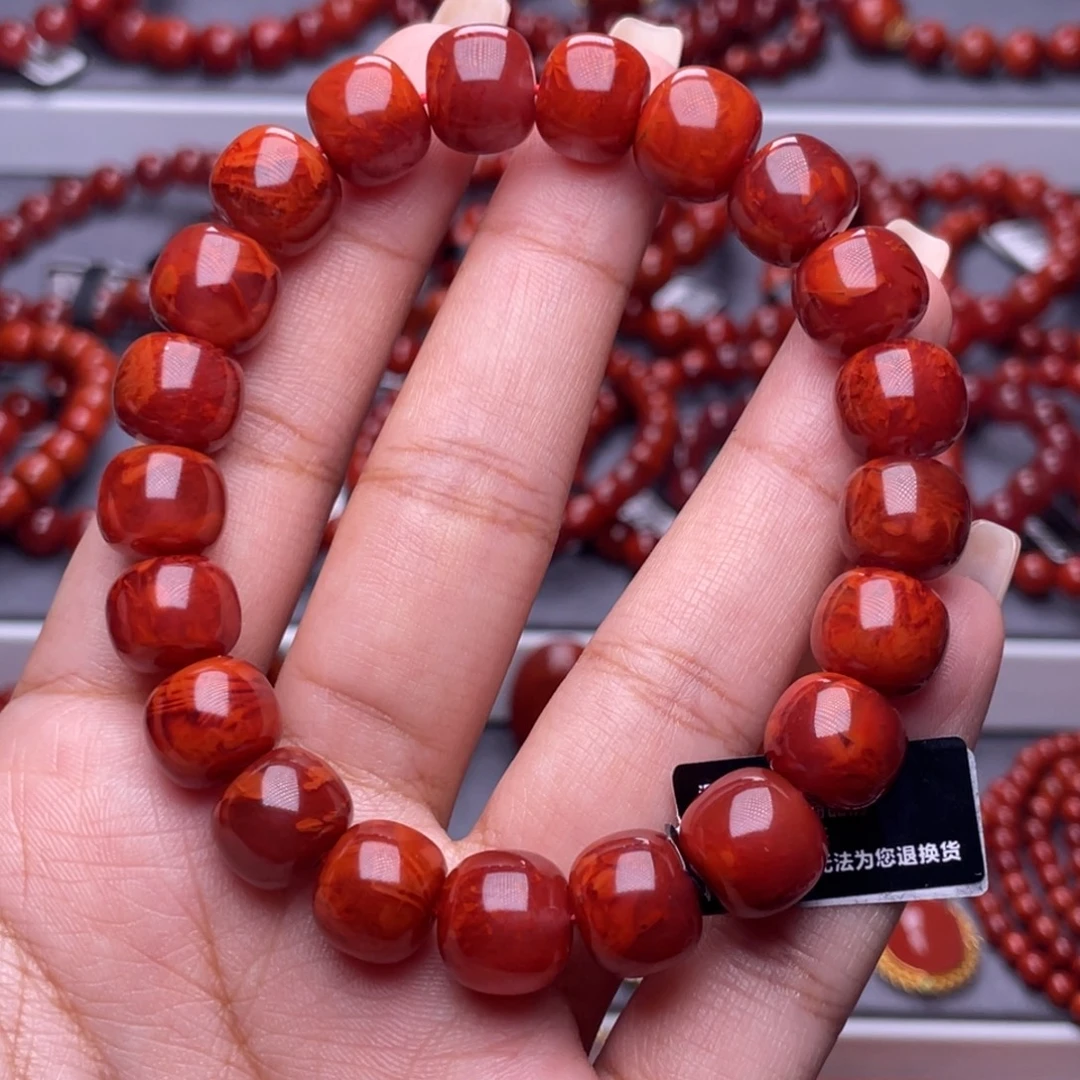 南红玛瑙未镶嵌其他全原矿）收藏品11mm瓦西玫红火焰纹老型手串
