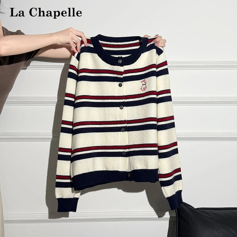 拉夏贝尔撞色条纹小狗刺绣纽扣针织长袖开衫女秋季松弛感宽松上衣