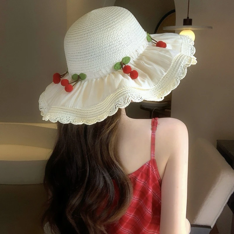 法式甜美优雅蝴蝶结草帽女夏季海边度假沙滩帽户外拍照遮阳防晒帽