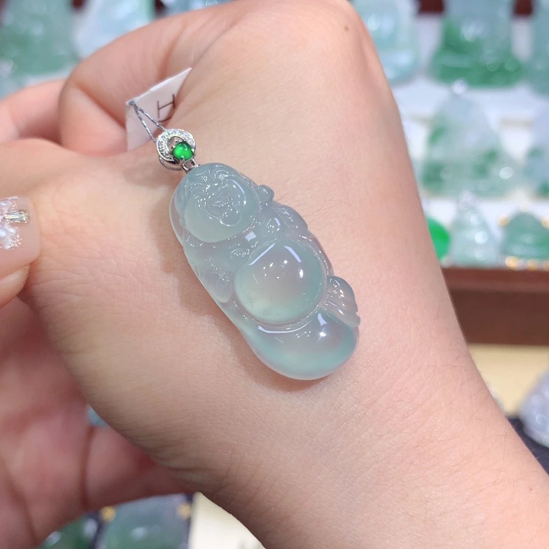 吊坠(不含链)18K金镶嵌翡翠天然缅甸A货翡翠布袋佛