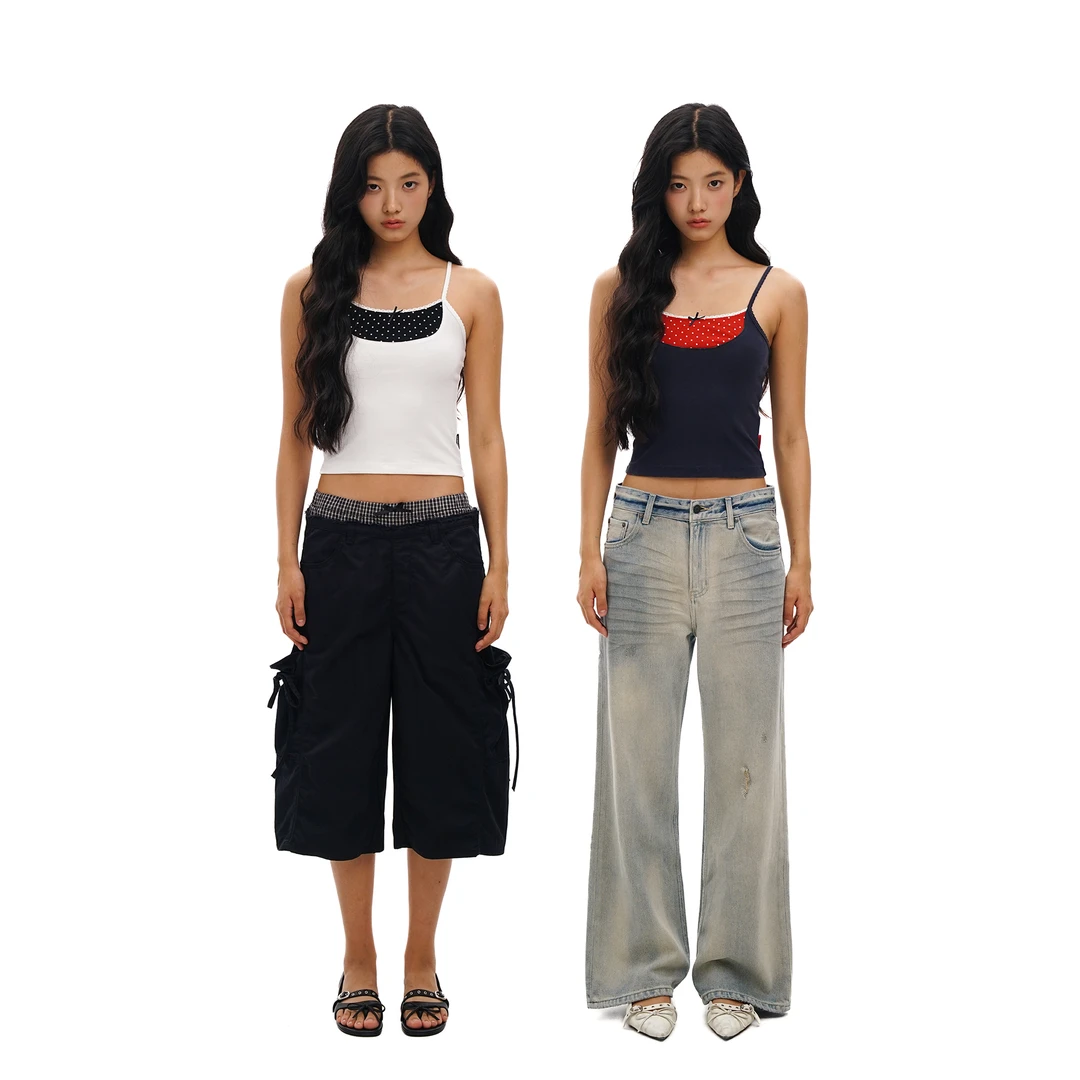 Moromoro复古波点撞色假两件亲肤弹力蕾丝边蝴蝶结吊带背心