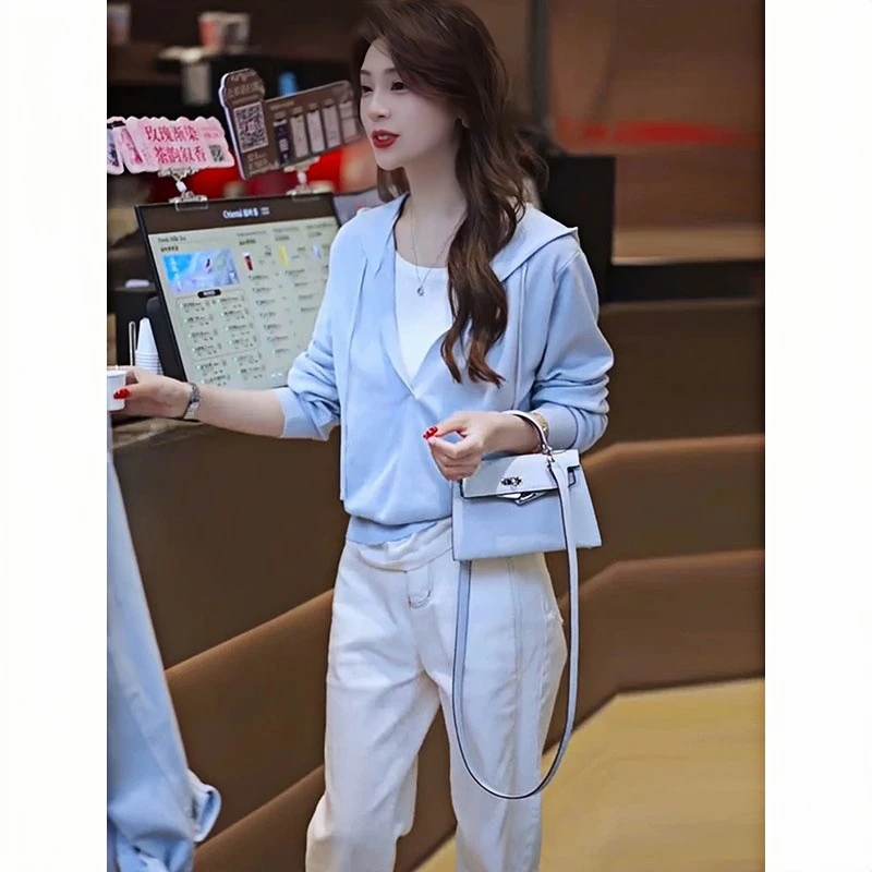 假两件春季新款连帽针织衫女时尚减龄撞色百搭上衣长袖洋气套头衫