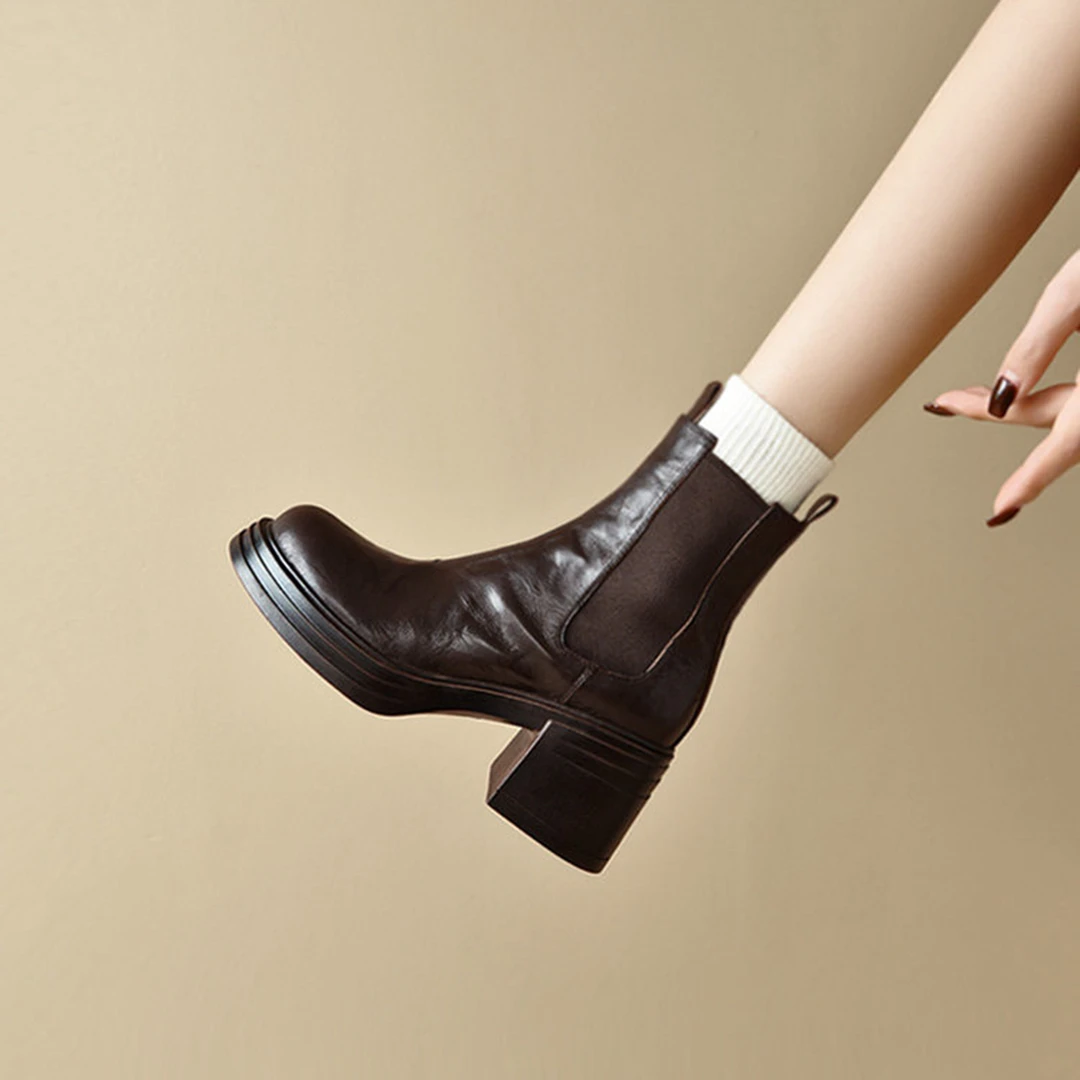 ins巨软巨显高！7.5cm~羊皮复古切尔西靴女高跟短靴厚底瘦瘦靴子