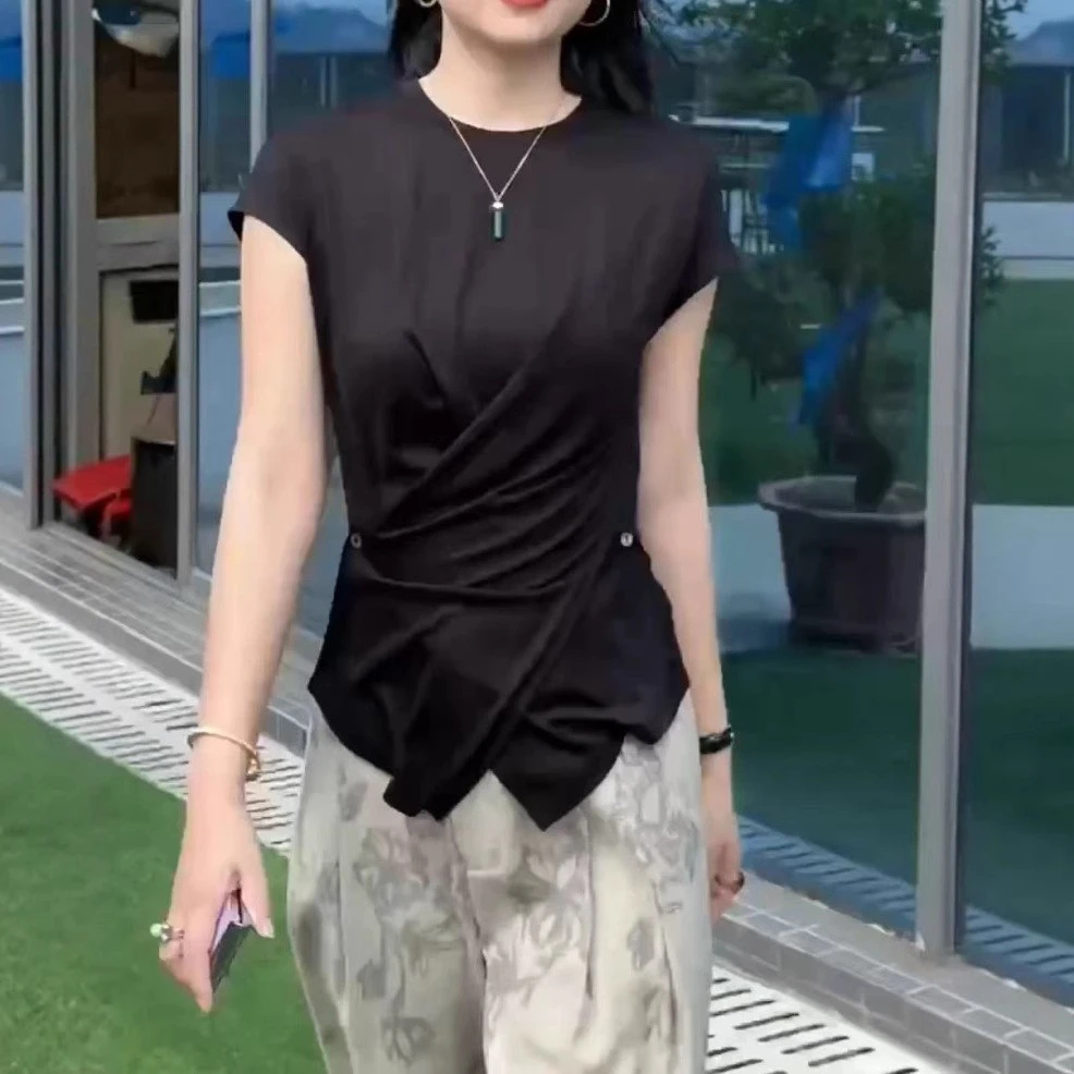 中年女装2025夏季新款轻熟风收腰短袖上衣休闲阔腿裤女潮两件套装