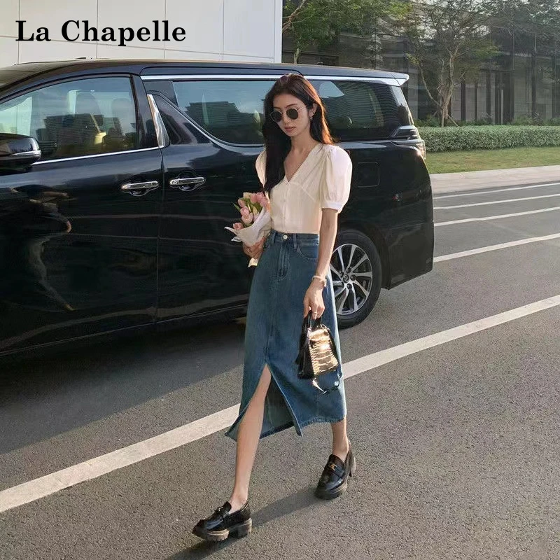 拉夏贝尔牛仔裙半身裙女2025夏季设计感小众复古过膝开叉A字裙子