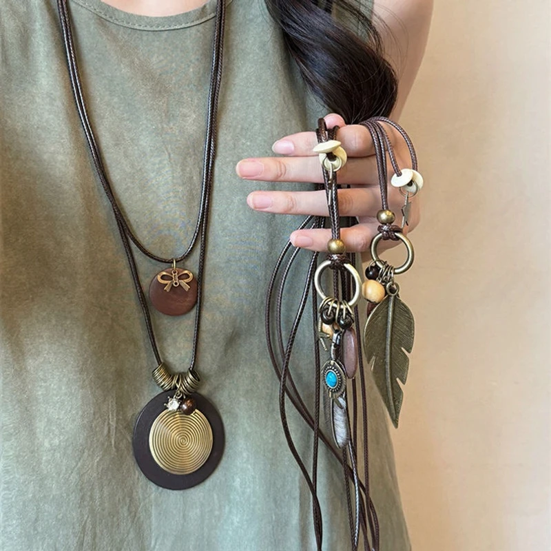 【爆款】新中式禅意长款羽毛项链复古民族风叠戴毛衣链