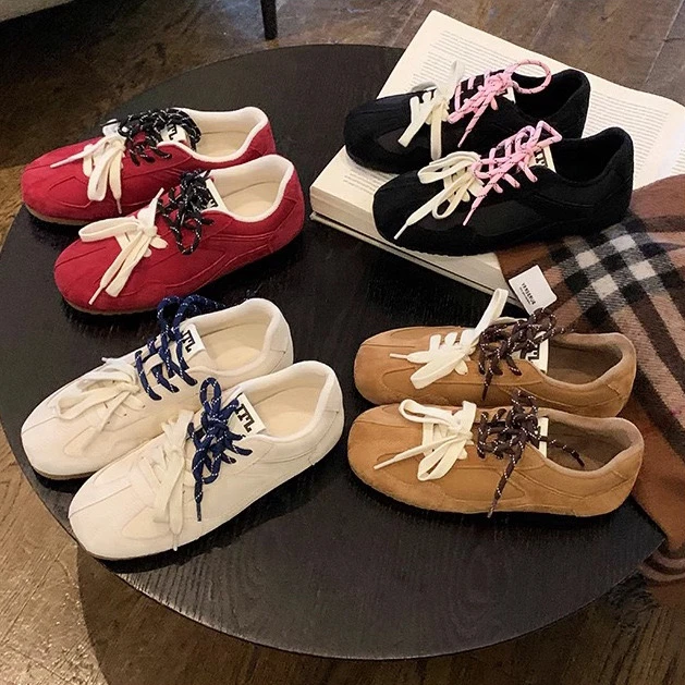 小众方头磨砂阿甘德训鞋女新款拼色复古圆头真皮平底休闲红色鞋子