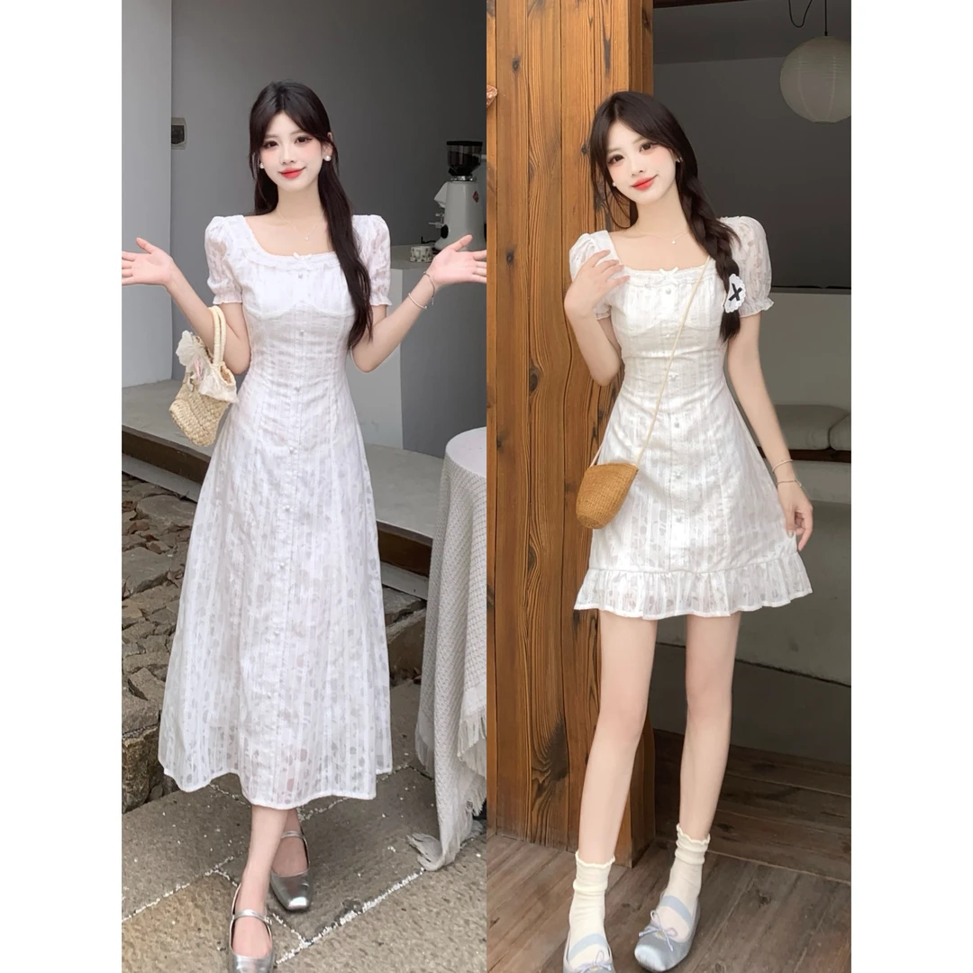 夏季大码女装连衣裙微胖妹妹显瘦简约法式方领花边夏日穿搭泡泡袖