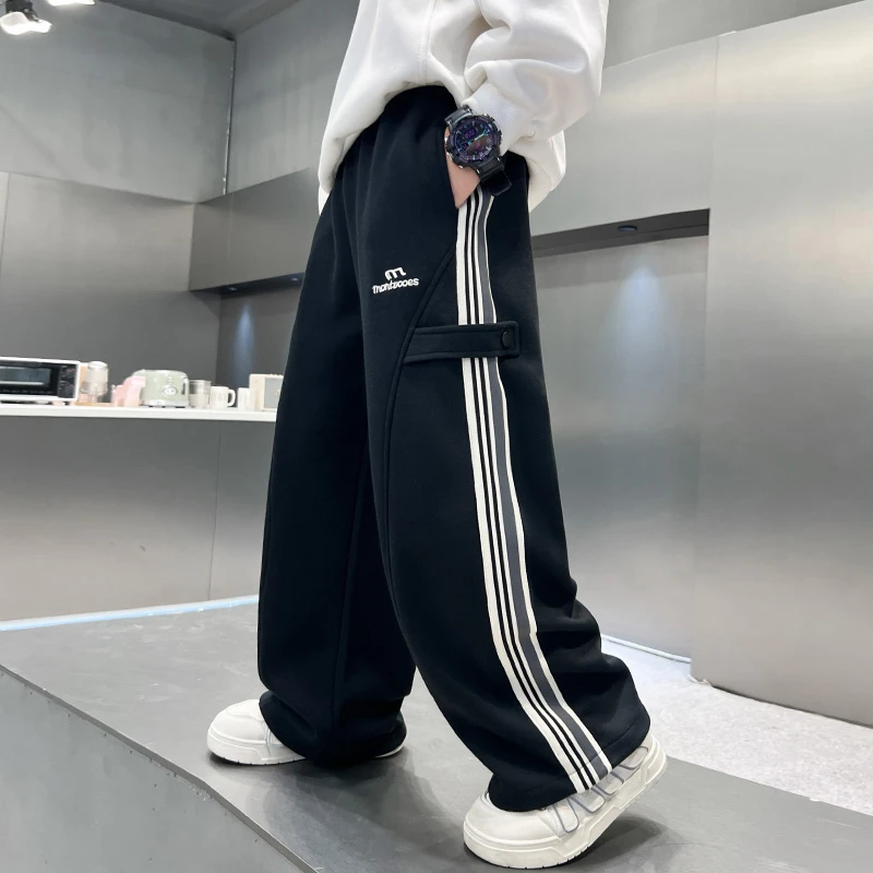 男童黑色拉条直筒运动裤春秋款2025新款儿童休闲百搭卫裤中大童15