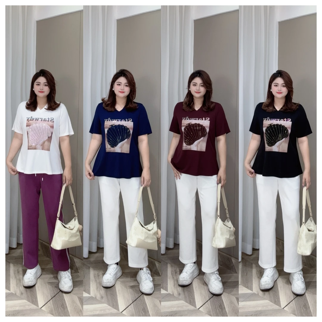 PWD32831【现货仅上衣】新款大版烫钻显瘦短袖凉感大码T恤【衣长68】