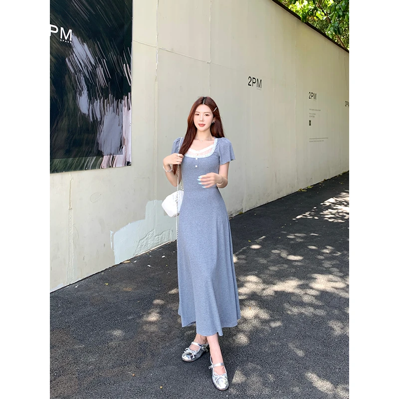 【半岛情书】甜辣多多2025假两件拼接蕾丝撞色花边收腰针织连衣裙