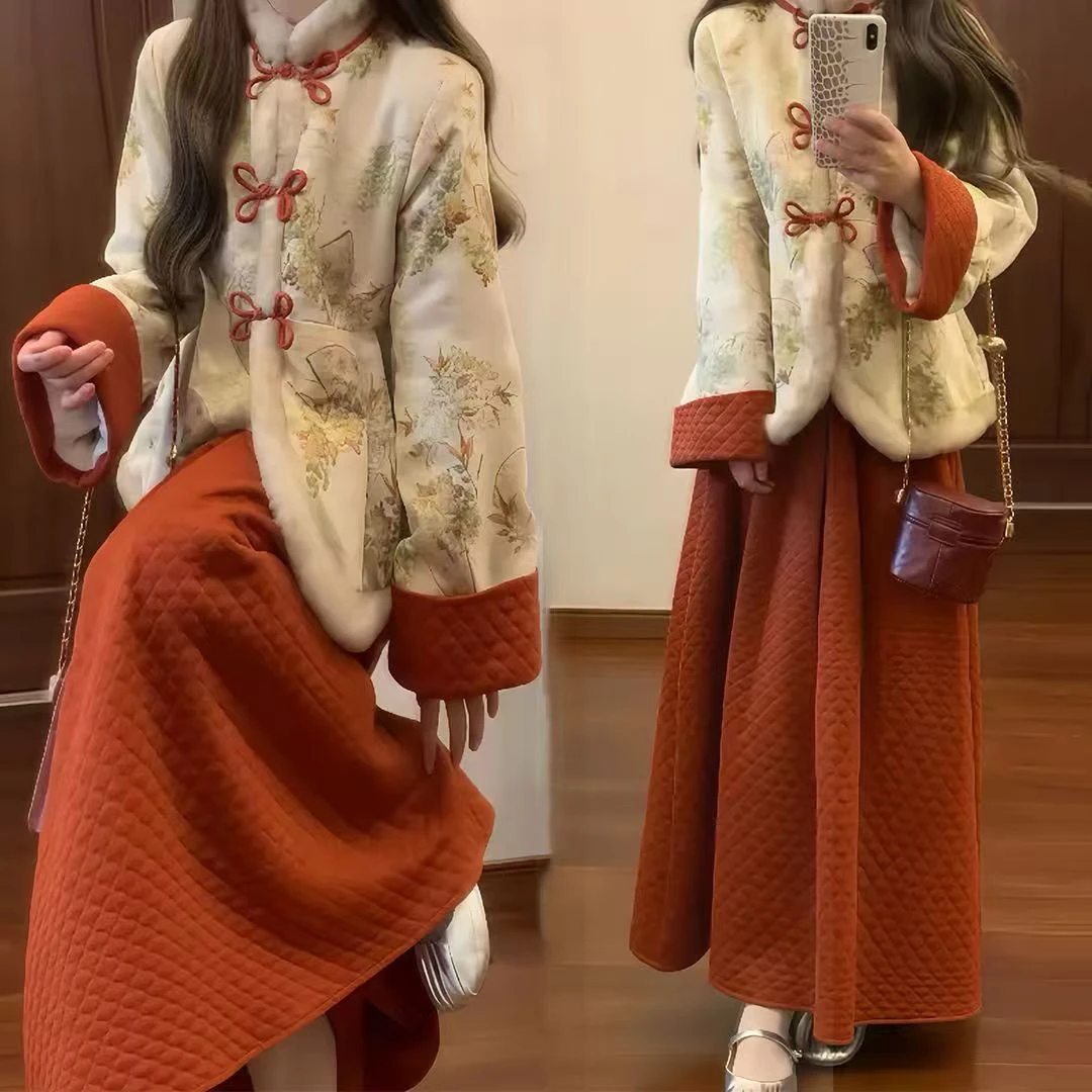 时尚套装新中式中国风跨年复古战袍装上衣加绒立领冬款气质中式