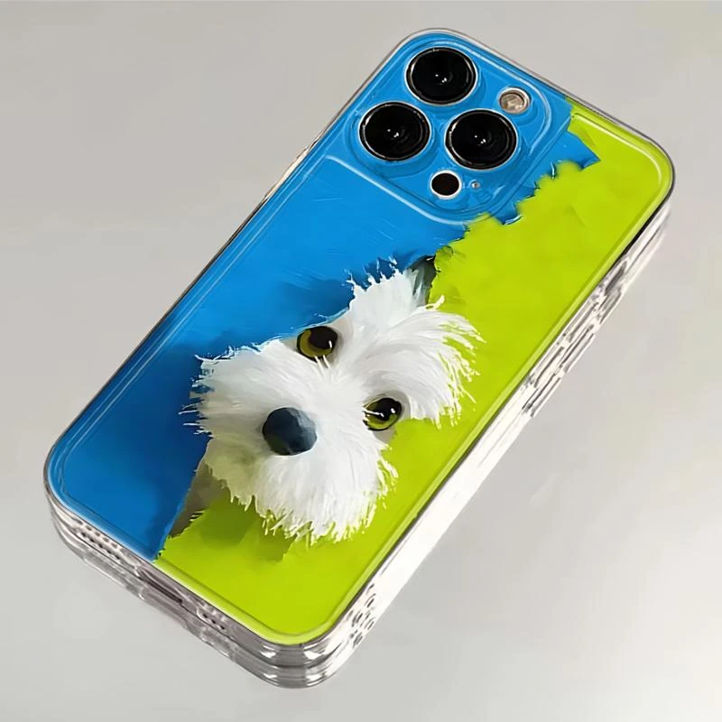 油画蓝绿毛绒狗适用iPhone17手机壳华为荣耀透明VIVO创意OPPO小米