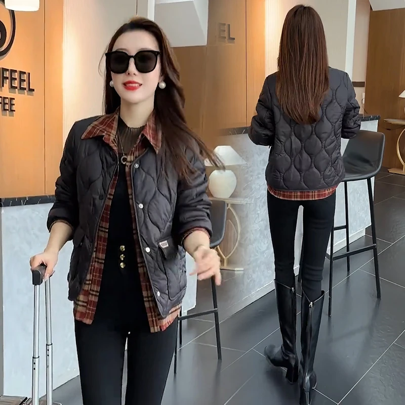 轻薄短款棉衣女2024秋冬新款假两件衬衫拼接棉袄外套设计感棉服潮