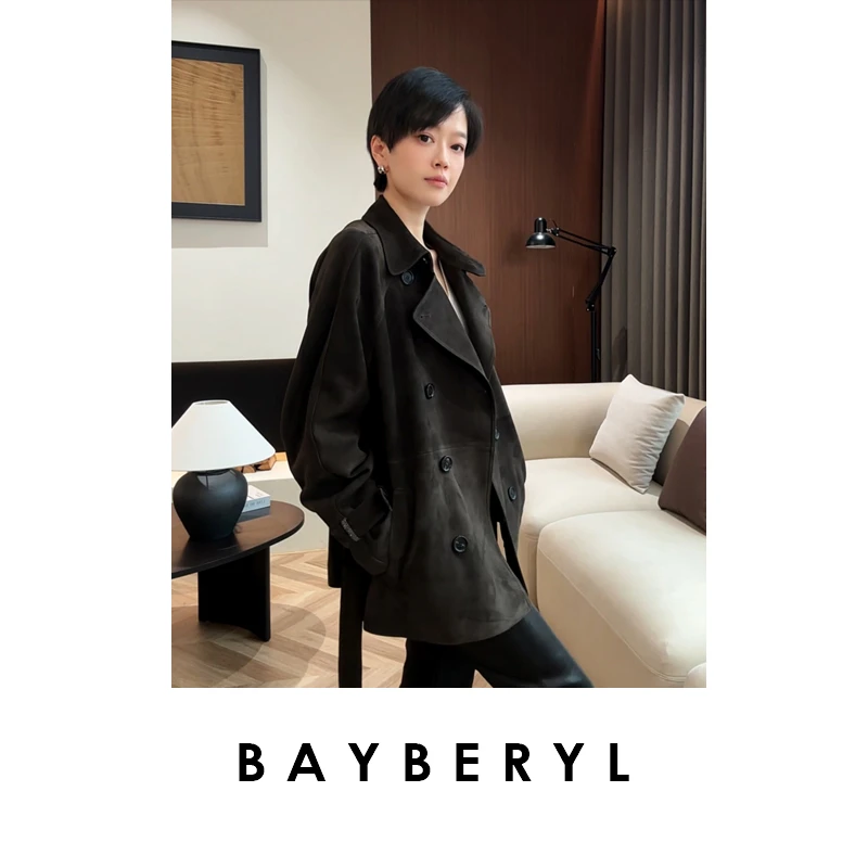 锁-BAYBERYL老贝埃塞*绒面皮风衣系带插肩时髦25秋皮衣PY5H2724
