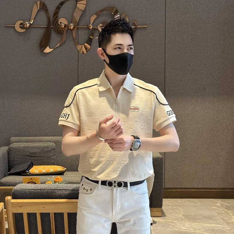 2025男士夏季立体绣花Polo衫翻领拉链男款轻奢商务简约时尚修身款
