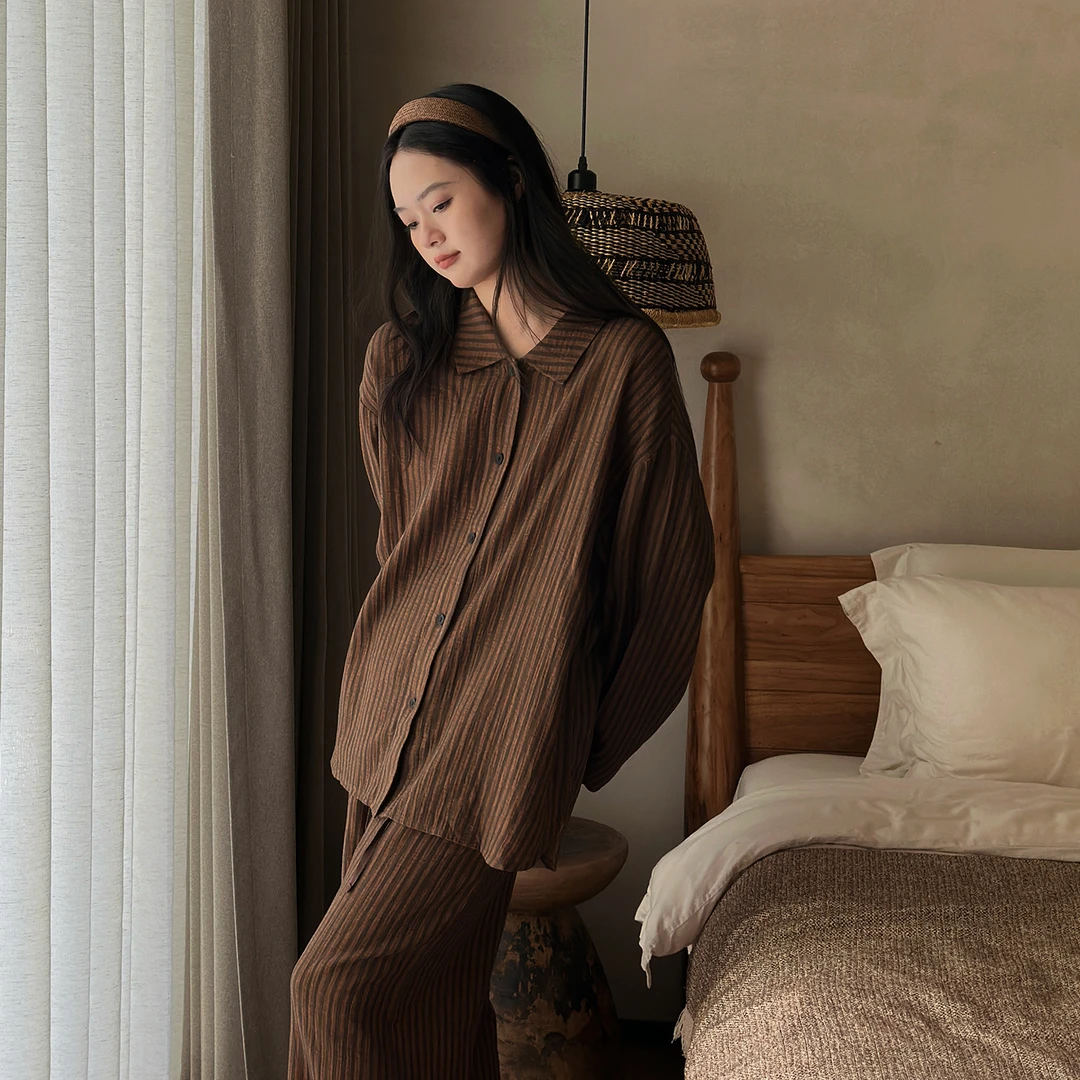 及好纯棉纱布睡衣女春秋款条纹开衫高级感可外穿家居服秋冬季套装