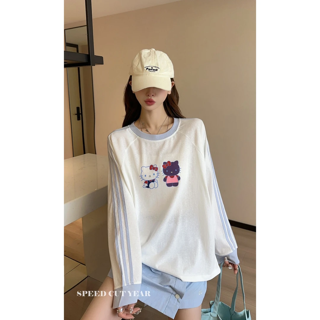 印花纯欲风常规T恤打底衫宽松内搭设计感几何韩版通勤长袖22075