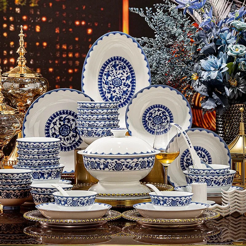68头白瓷锦绣山河景德镇本土高温餐具中式青花瓷器