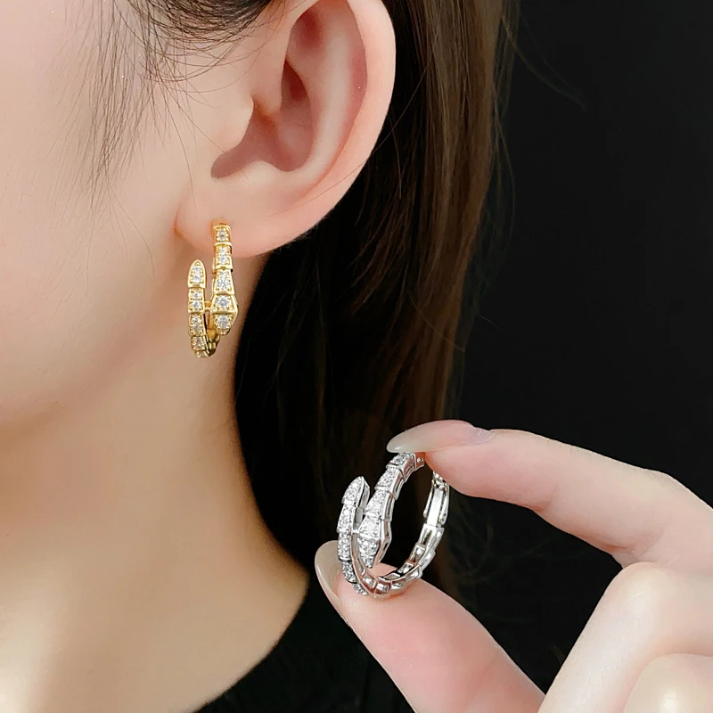 中古vintage银针耳轻奢真金电镀蛇形锆石耳环