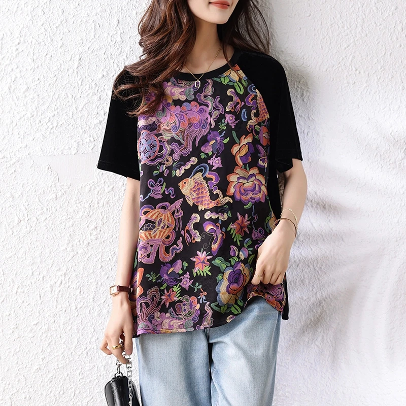 短袖t恤女时尚百搭新款胖mm宽松大码时尚显瘦国风拼接印花上衣